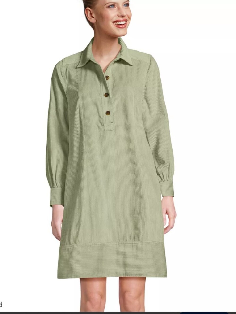 Lands End Light Green Long Sleeves  Corduroy Shirt Dress Junior Sz L (14-16)